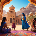 ** Sophie and her friends discovering a vibrant, fantastical world inspired by Arabian Nights mythology, encountering characters like Aladdin and Sinbad.

**