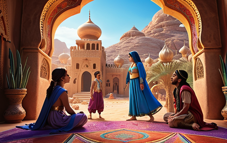 ** Sophie and her friends discovering a vibrant, fantastical world inspired by Arabian Nights mythology, encountering characters like Aladdin and Sinbad.

**