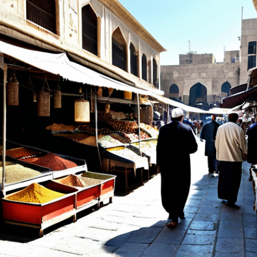 **

A bustling marketplace in old Damascus. Vendors in traditional Arabic clothing selling spices, textiles, and handicrafts. Sunlight filtering through the awnings. Warm, inviting atmosphere. "Safe for work", "appropriate content", "fully clothed", "professional", "modest", "family-friendly", perfect anatomy, correct proportions, natural pose, well-formed hands, proper finger count, natural body proportions, professional photography, high quality.

**