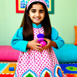 **

"A young Arab girl, around 7 years old, fully clothed in a modest, colorful dress inspired by traditional Gulf Arab designs. She is happily playing with a Sophie Ruby doll in a bright, cheerful children's room filled with toys. The background includes Arabic alphabet blocks and a poster promoting environmental awareness in Arabic. Perfect anatomy, natural proportions, well-formed hands, proper finger count. Safe for work, appropriate content, family-friendly."

**