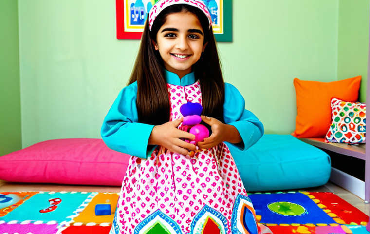 **

"A young Arab girl, around 7 years old, fully clothed in a modest, colorful dress inspired by traditional Gulf Arab designs. She is happily playing with a Sophie Ruby doll in a bright, cheerful children's room filled with toys. The background includes Arabic alphabet blocks and a poster promoting environmental awareness in Arabic. Perfect anatomy, natural proportions, well-formed hands, proper finger count. Safe for work, appropriate content, family-friendly."

**