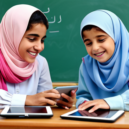 Children Learning with "Sophie Ruby"**

"A group of fully clothed Arab children, wearing modest clothing, are happily engaged with "Sophie Ruby" educational apps on tablets in a bright classroom. Safe for work, appropriate content, family-friendly. The scene includes colorful learning materials and a friendly teacher. Perfect anatomy, correct proportions, well-formed hands, natural pose, professional illustration."

**